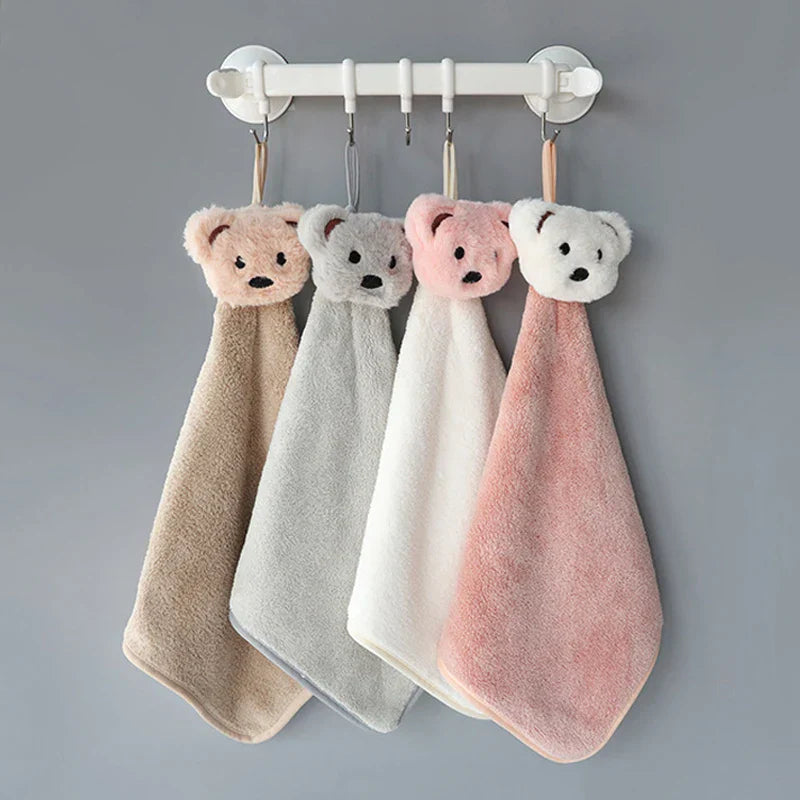 DecorBites™ Cartoon Bear Coral Velvet Hand Towel - Soft Microfiber for Kitchen & Bathroom