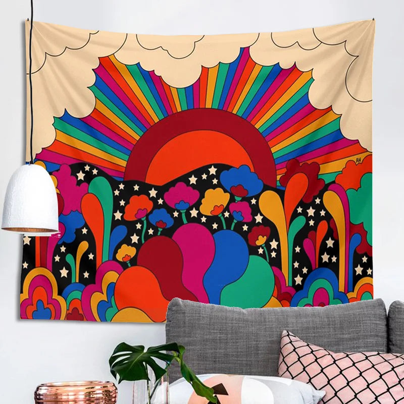 Decobites Retro Floral Sun Rainbow Tapestry Wall Hanging - Psychedelic Vintage Dorm Decor