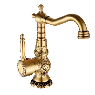 DecorBites™ Brass Carved Bathroom Faucet, Single Handle Hot & Cold Water Mixer Tap