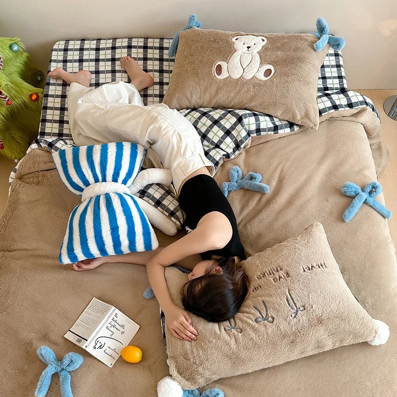 DecorBites™ Bow-knot Embroidered Velvet Duvet Bedding Set cozy winter bedding with pillowcase