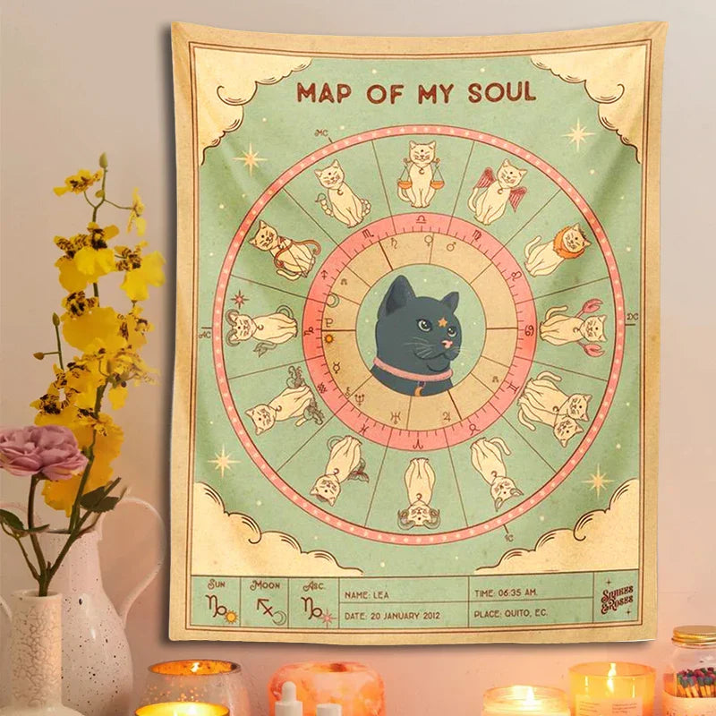 Decobites Cat Tapestry Soul Tarot Zodiac Constellation Wheel Retro Boho Living Room Decor