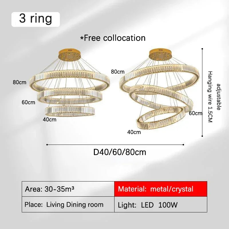 DecorBites™ Golden Crystal Chandelier: Nordic Modern Luxury LED Hanging Halo for Living Room