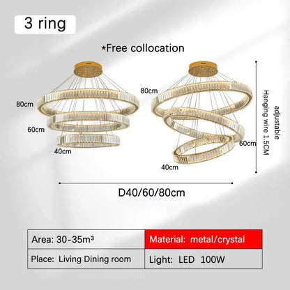 DecorBites™ Golden Crystal Chandelier: Nordic Modern Luxury LED Hanging Halo for Living Room