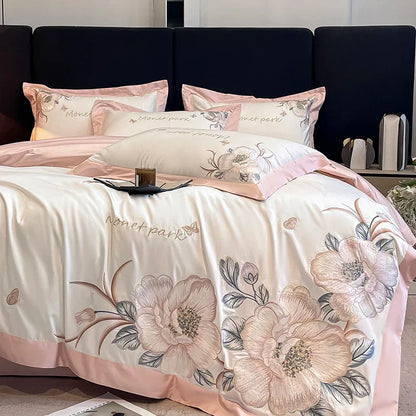 Decobites Pink Flowers Embroidery Cotton Luxury Bedding Set: Duvet, Sheet, Pillowcases - 4Pcs