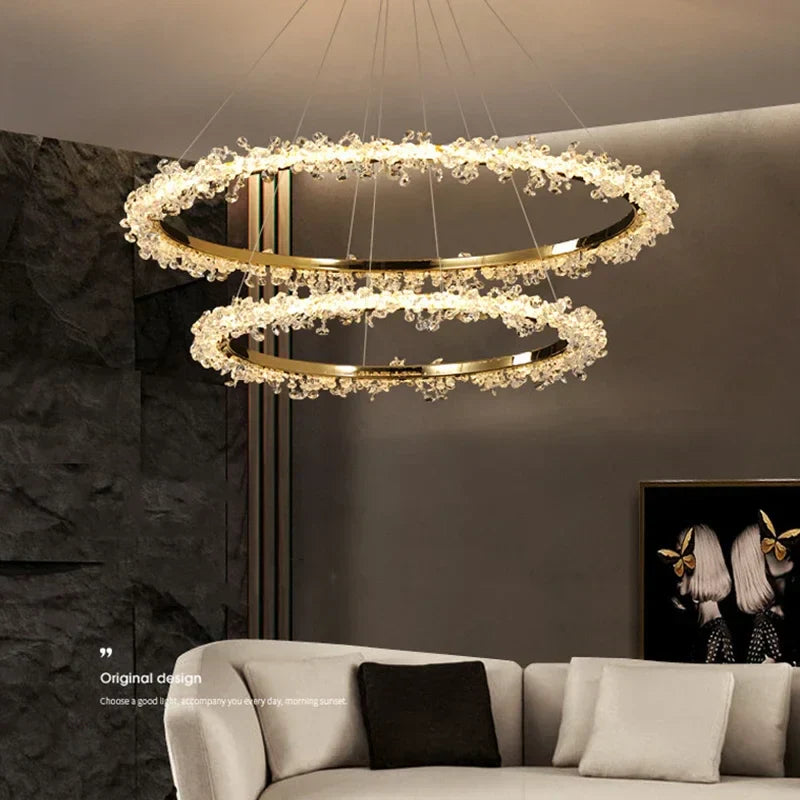 Decorbites™ Lámpara de Araña Redonda LED de Cristal Dorado para Iluminación de Lujo en Interiores