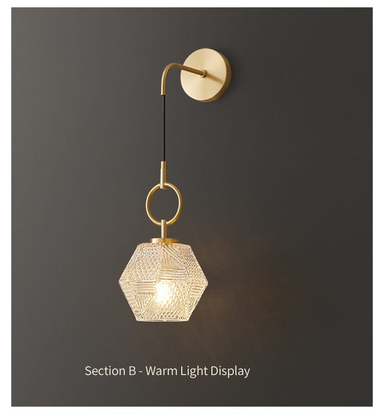 Gold-toned hexagonal postmodern luxury led wall lamp featuring a textured crystal-like glass shade and sleek metal arm designed for bedroom lighting.