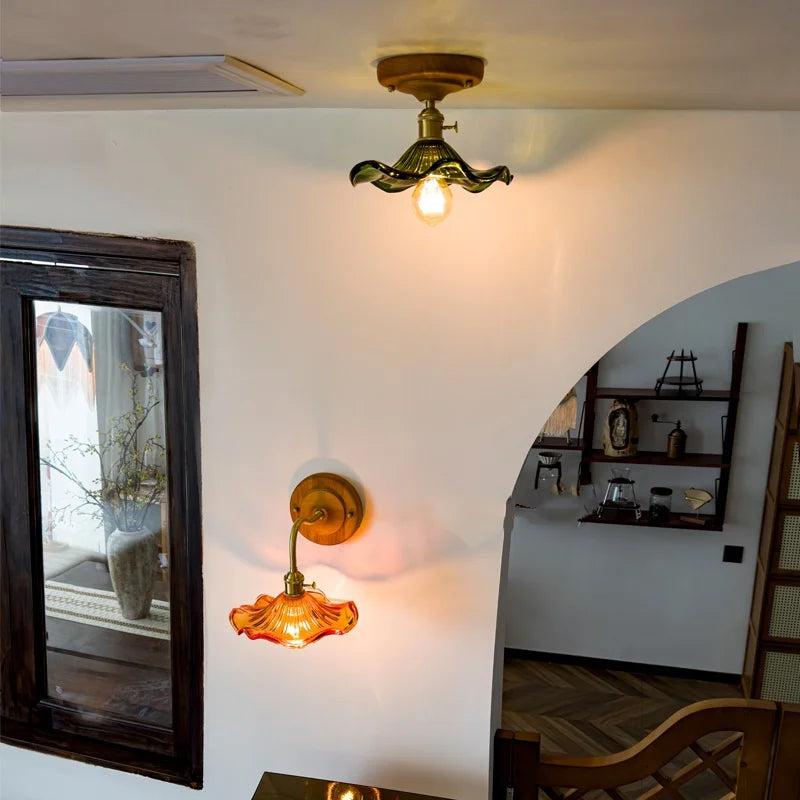 DecorBites™ Green Glass LED Ceiling Lamp Nordic Wood Copper Ceiling Lights