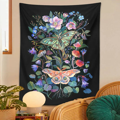 Moon Moth Tapestry Wall Hanging by Decobites - Floral Mushroom Witchcraft Wildflowers Dream Decor