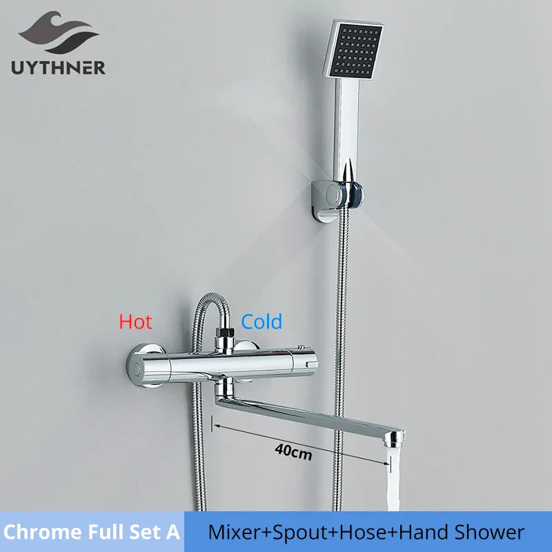 طقم دش ترموستاتي DecorBites™ أسود/كروم مع خلاط مثبت على الحائط من النحاس مع بخاخ