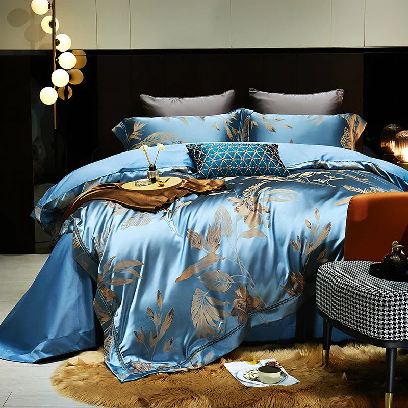 Decorbites™ Goldene Blätter Jacquard-Baumwoll-Bettwäsche-Set mit glatter ägyptischer Baumwoll-Daunenbettbezug