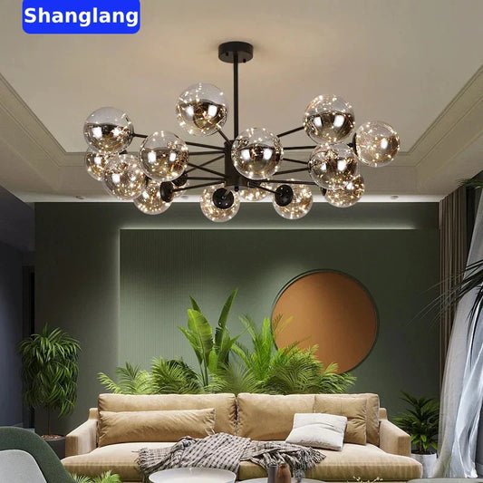 DecorBites™ Black Glass Ball LED Chandelier for Living Room, Bedroom - Dimmable Nordic Luxury Fixture