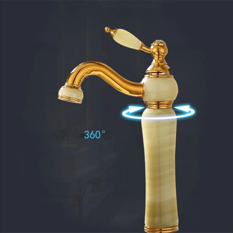 Decorbites™ Grifo de Lavabo de Baño en Oro, Jade y Latón | Montado en Cubierta Mezclador de Agua Caliente y Fría