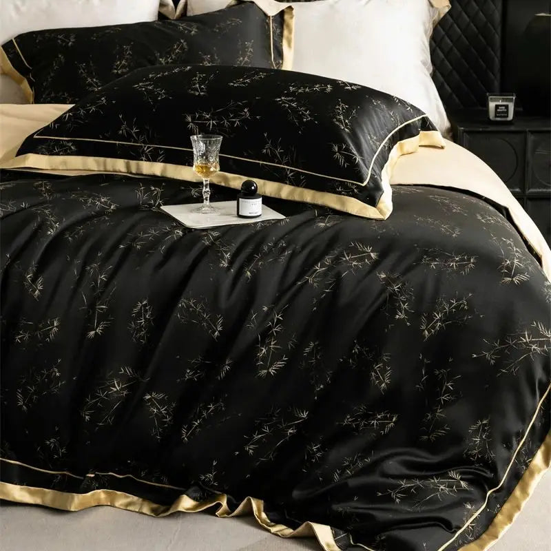 Decobites Luxe Eucalyptus Bedding Set in Black/Gold - Silky Soft & Skin-friendly