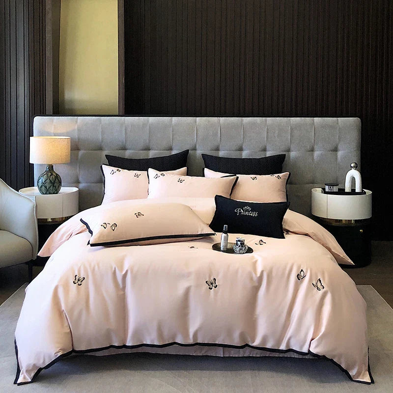 DecorBites™ 600TC Egyptian Cotton Butterfly Embroidery Bedding Set: Duvet, Sheet, Pillowcases