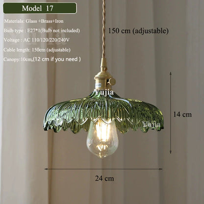 Vintage Green Glass Pendant Light With Brass Finish