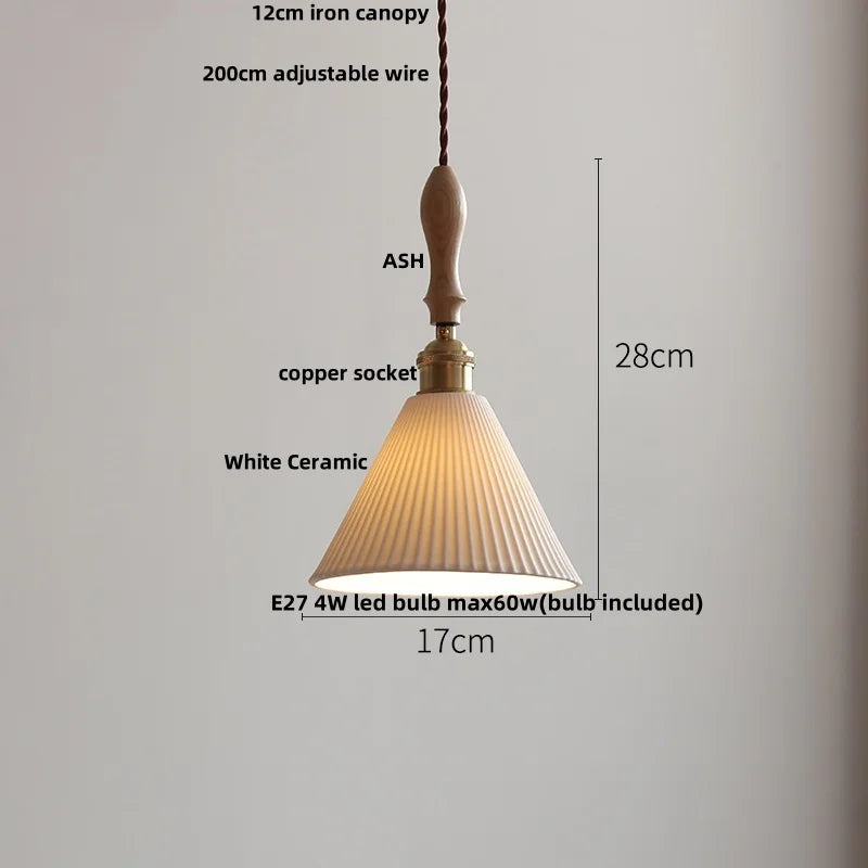 DecorBites™ LED Pendant Light Ash Wood White Ceramic Japanese Style Hanging Lamp