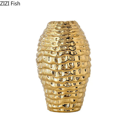 DecorBites™ Golden Wrinkle Ceramic Vase - Desk Decoration, Gold-plated Floral Pots for Aesthetic Room Decor