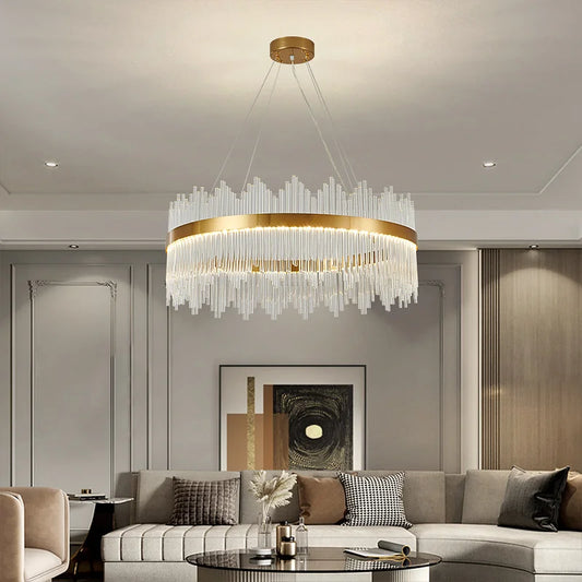 DecorBites™ Crystal Rod Round Chandelier: Modern Nordic Light for Living Room, Bedroom, Dining Room, Kitchen