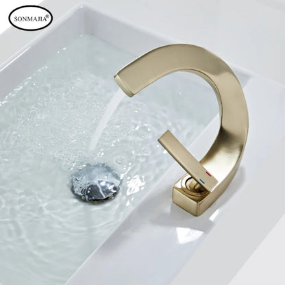 SONMAJIA Brass Golden Bathroom Faucet, Hot and Cold Single Handle Faucet, Solid Brass Basin Mixer Faucet with Unique Design