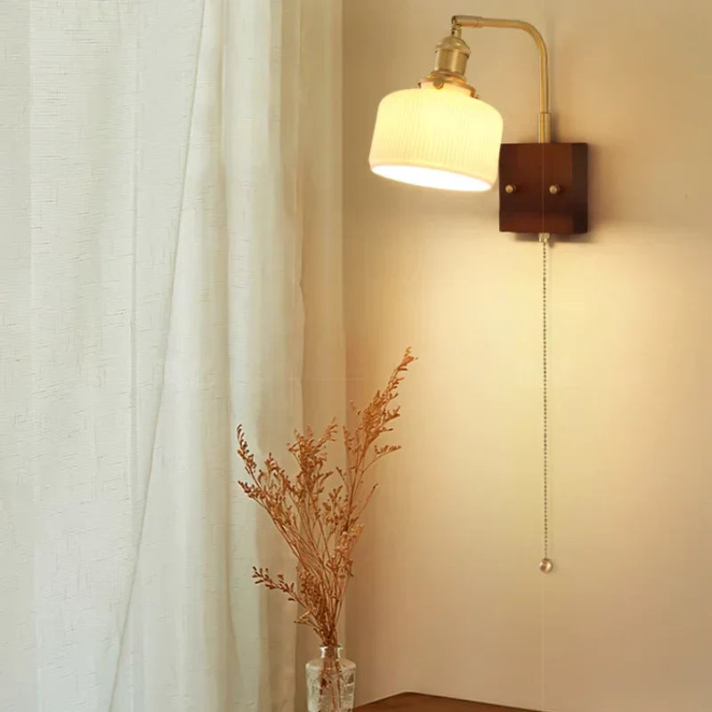 DecorBites™ Ceramic LED Wall Sconce with Walnut Wood Pull Chain Switch - Nordic Style