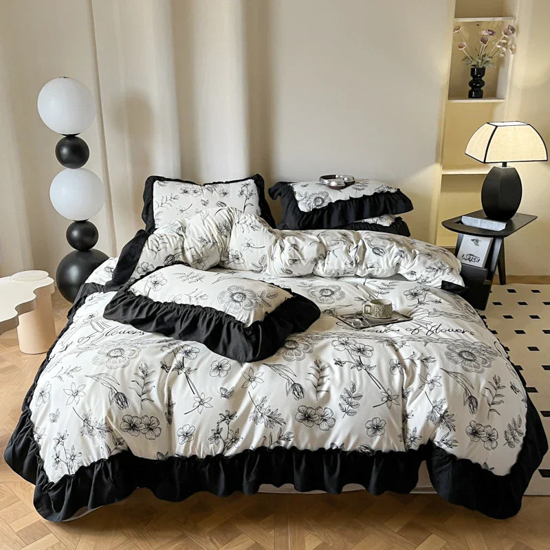 Decobites French Vintage Black Ruffles Duvet Cover Set with Pillowcases, Nordic Luxury Flowers Plant Bedding Set