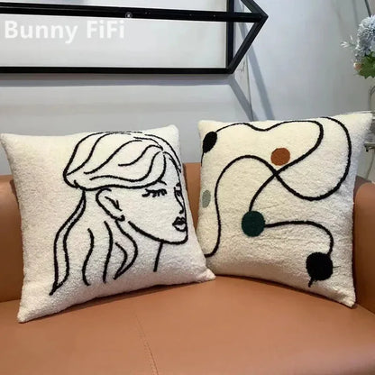 DecorBites™ Lambswool Face Cushion Cover 45x45 Beige White Abstract Art Pillowcase