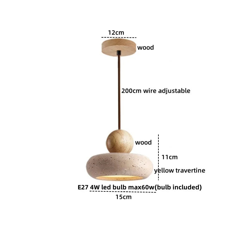 DecorBites™ Globe LED Pendant Light Yellow Travertine Stone White Glass Adjust Hang Lamp