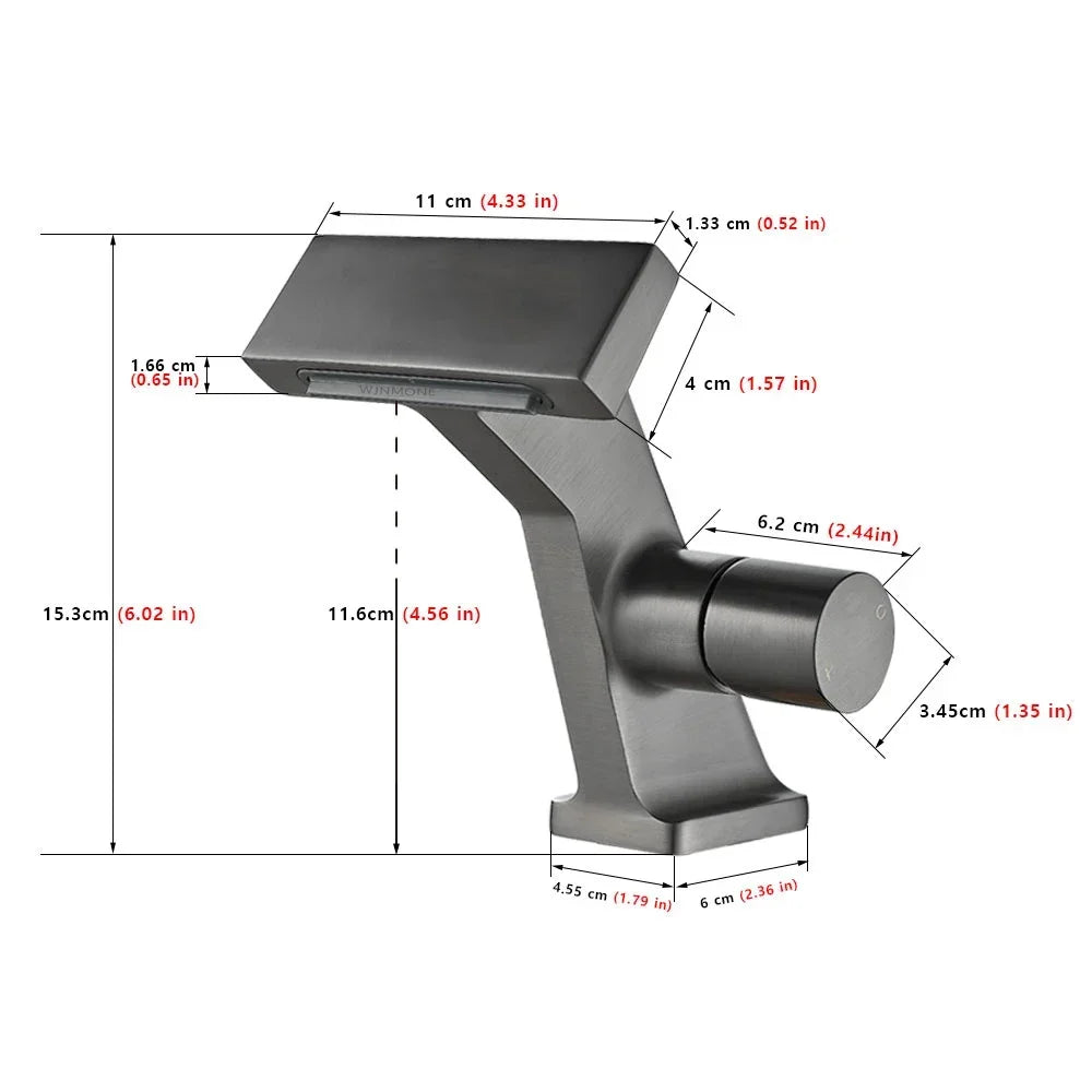 Modern matte black single hole bathroom faucet with sleek angular design and cylindrical handle in an antique gold waterfall style with anti-splash spout.