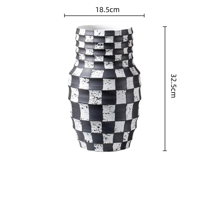 DecorBites™ Black Check Geometric Striped Ceramic Vase - Handcrafted Floral Arrangement Pot