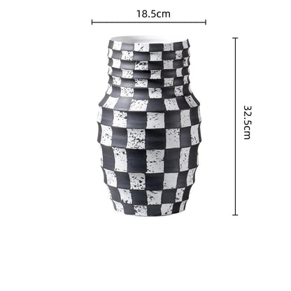 DecorBites™ Black Check Geometric Striped Ceramic Vase - Handcrafted Floral Arrangement Pot
