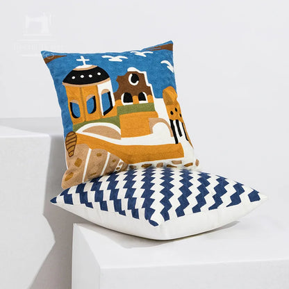 DecorBites™ Coastal Chic Blue Geometric Cushion Cover 45x45cm Soft Cotton Breathable Zipper