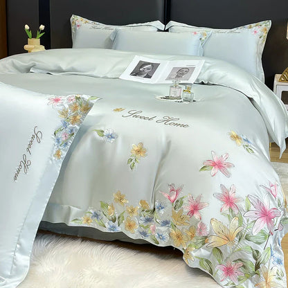 Decobites Flowers Embroidery Silky Duvet Set with Comforter Cover & Fitted Sheet