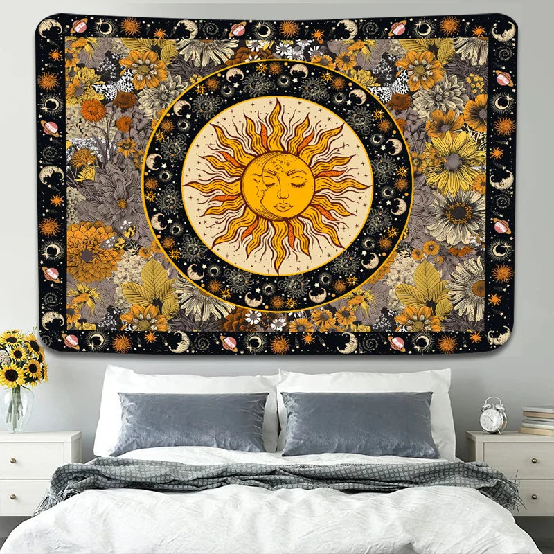 Sun Moon Tapestry Vintage Boho Wall Hanging by Decobites with Sunflowers Moth Constellation Aesthetic