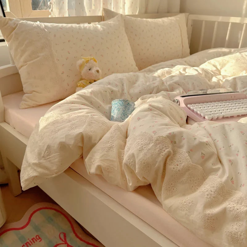 Juego de Ropa de Cama Decorbites™ de Encaje para Edredón 4 Piezas Algodón Lavado Francés para Cama Individual Doble