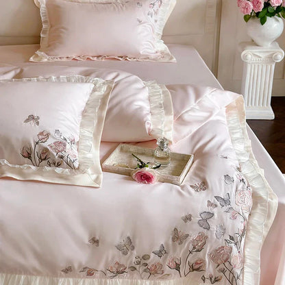 Decobites Pink Butterfly Flowers Embroidered Lace Bedding Set - 1000TC Egyptian Cotton