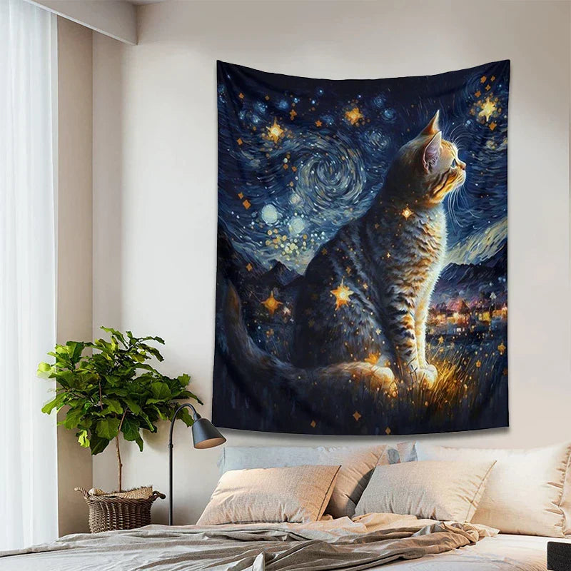 Decobites Starry Night Cat Tapestry: Moon Art Oil Painting Wall Hanging for Boho Home Decor