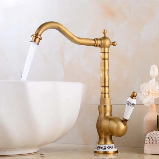 DecorBites™ Antique Brass Basin Faucet, Rotatable Single Hole Kitchen Sink Mixer