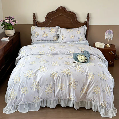 Decobites French Flowers Lace Ruffles Princess Bedding Set with Bed Sheet Pillowcases