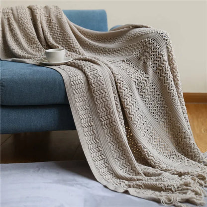 Decobites Nordic Knitted Sofa Blanket with Tassels - Solid Color Siesta Shawl Blanket