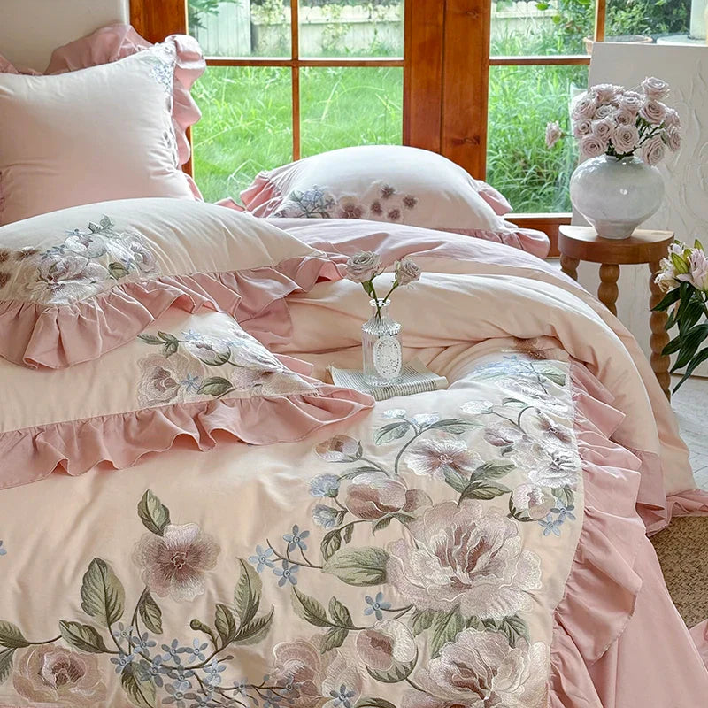 Decobites Luxury Flowers Embroidery Princess Bedding Set - 1000TC Egyptian Cotton