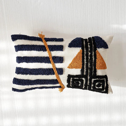 Funda de cojín DecorBites™ Boho con mechones, color azul marino y naranja quemado, cuadrada, 45x45 cm, para decoración del hogar.