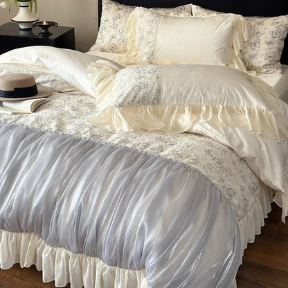 Decobites Romantic Ruffles Butterfly Lace Patchwork Bedding Set with 1000TC Egyptian Cotton