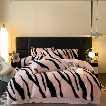 Decobites Winter Zebra Print Bedding Set: Thick Milk Velvet, Soft & Warm bed sheet, duvet cover, pillowcase