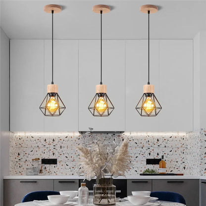 Vintage Black Wood and Iron Cage Pendant Light