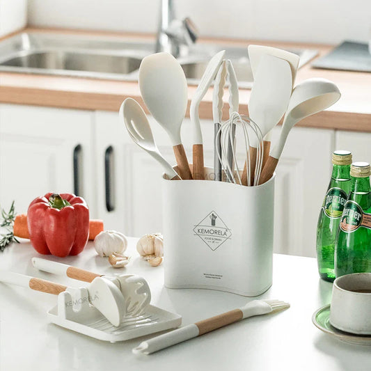 DecorBites™ 10/13 PCS Silicone Kitchen Cookware Set - High Temperature Resistant Non-Stick with Wooden Handle