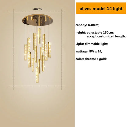 DecorBites™ Gold Chrome Steel Crystal Pendant Lights with Dimmable LED for Villa Stair