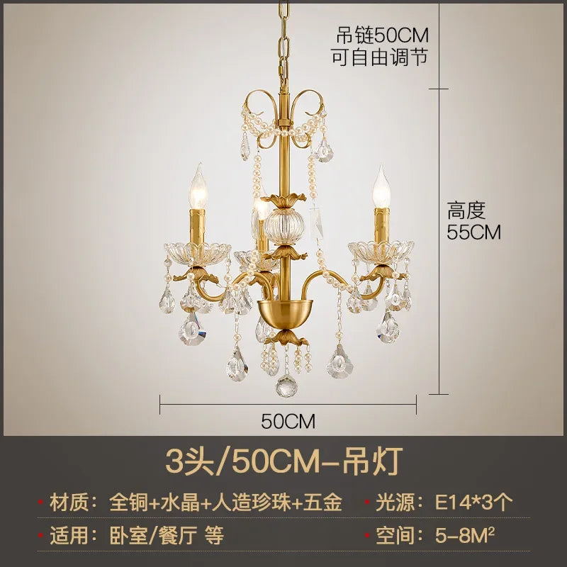 DecorBites™ Gold Brass Crystal Chandelier for Living Dining Bedroom, Retro Candle Lights Pendant Lamps