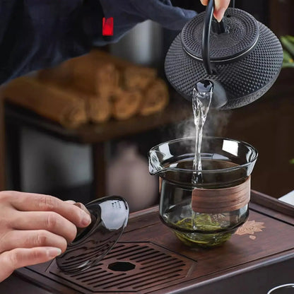 Decorbites™ Glas-Gaiwan-Tassen-Set mit Holzring, 240 ml Tee-Trennung & Filter, hitzebeständig