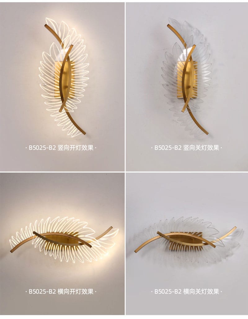 Nordic modern art gold feather wall lamp featuring a gold-toned leaf-shaped sconce with translucent white feather-like extensions designed as a modern art bedside lighting solution.