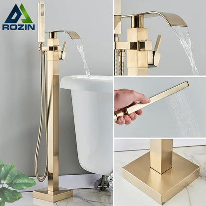DecorBites™ Brushed Gold Tub Shower Faucet Floor Mounted Waterfall Mixer Tap